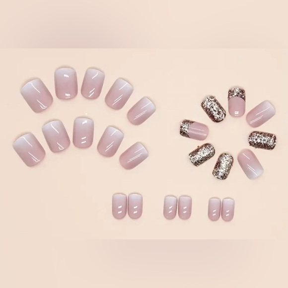 Square Press on Nails Short Fake Nails Pink and Silver Sequin Crystalized Shiny - Picture 2 of 3